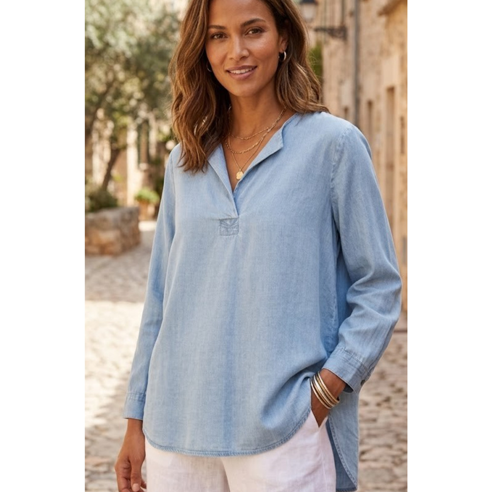 J Jill Chambray Shirt Petite Medium Blue Tencel Denim Long Sleeve Top